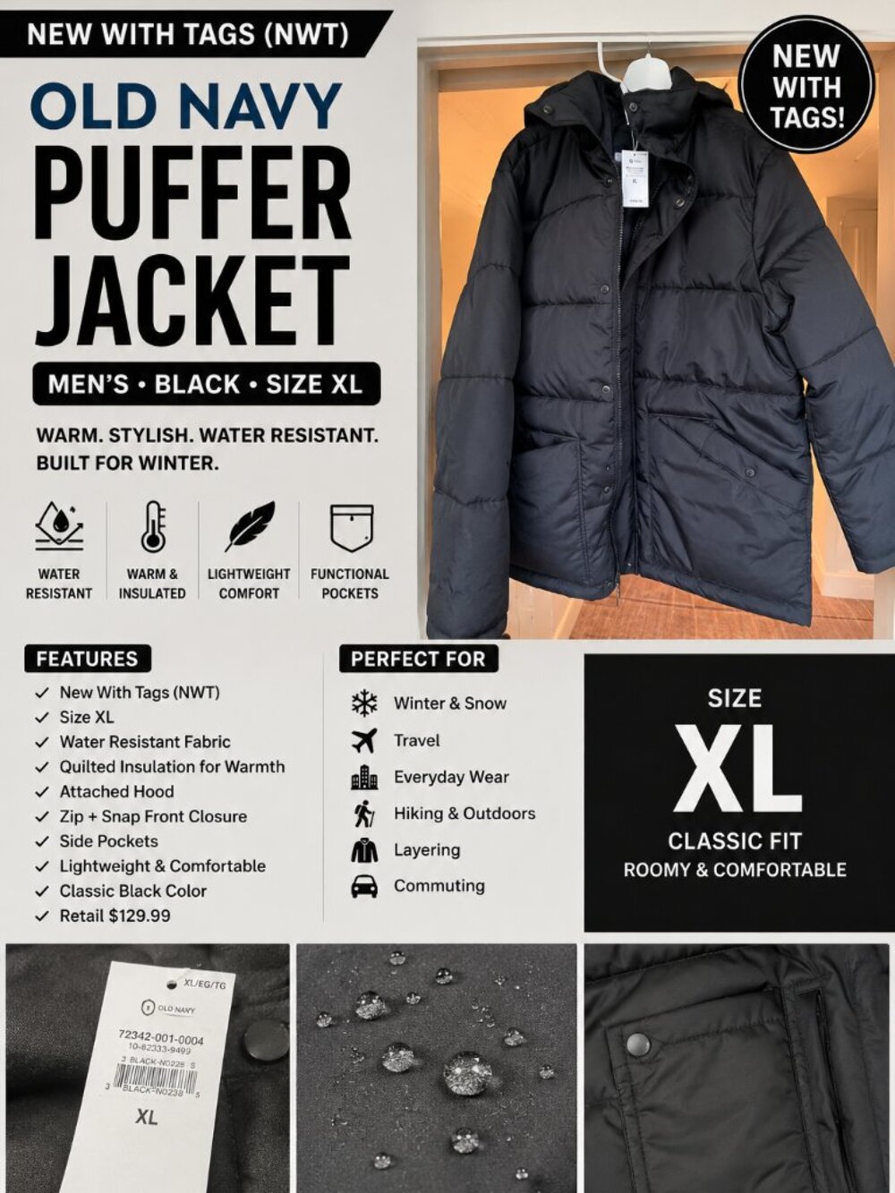 NWT Old Navy Men's Black Puffer Jacket XL Water Resistant Hooded Winter Coat